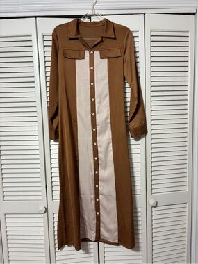 Women’s Brown and Cream Button-Front Maxi Dress